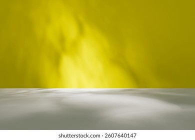 Studio background for display product. Empty room with shadows, caustics and soft lighting for product presentation. Minimalistic showcase for advertisement with yellow wall and gray floor.