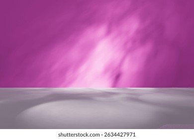Studio background for display product. Empty room with shadows, caustics and soft lighting for product presentation. Minimalistic showcase for advertisement with purple wall and grey floor.
