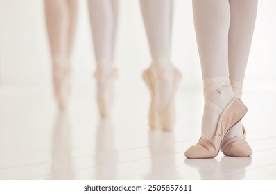 Studio, ballet and legs of students for performance, practice and rehearsal for dance competition. Ballerina, people and slippers in class for learning, creative or talent with balance in art academy - Powered by Shutterstock