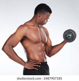 Studio, black man and training with dumbbell for bicep, strong arm and muscle power with fitness. Bodybuilder, workout and exercise with weight lifting, heavy equipment and pride by white background - Powered by Shutterstock