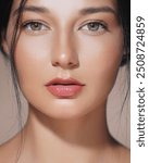 A studio close-up of a beautiful woman with natural makeup and green eyes. This high-quality image is perfect for beauty, skincare, and cosmetics promotions, highlighting elegance and facial charm.