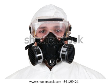 A studio closeup of a bio hazard materials man on a white background.