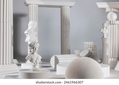 The studio decor is inspired by ancient Egyptian and Greek periods. There is no one in the decor. There are blank props and spaces available for visual montage, manipulation, editing and advertising.