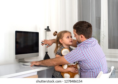  Studio Emotional Shot Of A Little Girl Asking A Busy Person  Computer Dad Give Her Attention And Play With Her