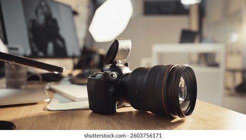 Studio, empty and camera equipment closeup for creative photoshoot, recording or content capture. Filmmaking, backstage and technology for professional photography, multimedia or magazine production