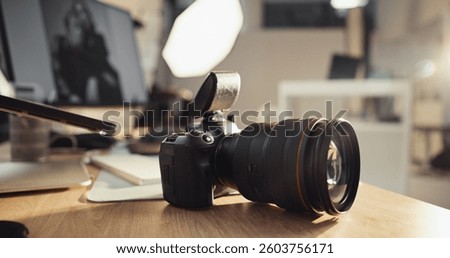 Studio, empty and camera equipment closeup for creative photoshoot, recording or content capture. Filmmaking, backstage and technology for professional photography, multimedia or magazine production