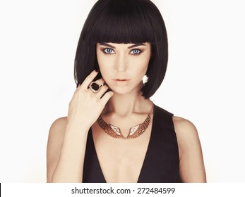 Studio Fashion Photo Of Beautiful Stylish Woman. Girl With Bob Hair