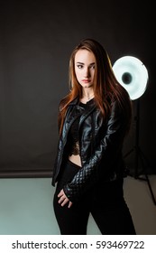 Studio Female Potrait In Lather Jacket