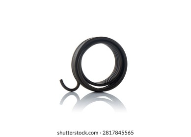 Studio front perspective view of heavy duty black coated steel kickstart return torsion spring featuring coiled wire loops, hooked anchoring end, shot on reflective white background showcasing scooter engine starting mechanism hardware.