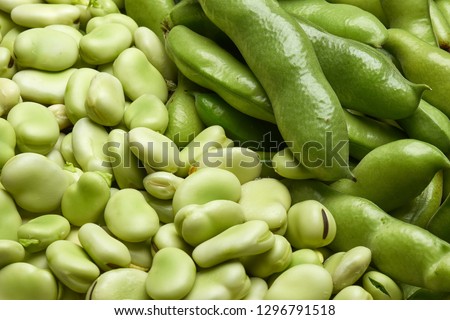 Studio image of both broad bean pods and shelled seeds.