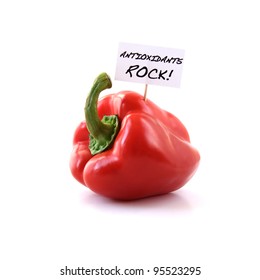 Studio Image Of A Red Bell Pepper With A Positive Antioxidant Message. Possible Cancer Awareness Campaign Or Healthy Diet Usage. Copy Space.