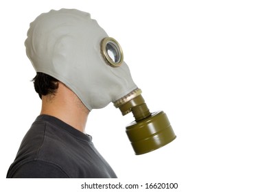 Studio Isolated Image Of A Man In Gas Mask Side View