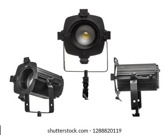 Studio Lamp Or Stage Light Spotlight.  COB LED Spot With Fresnel Lens Used For Studio, Theatre And Concert Lighting. Isolated On 255 White Background.