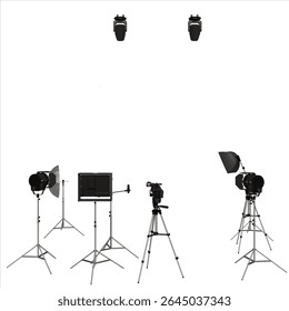 A studio lighting setup featuring five lights on stands, two overhead lights, a central camera on a tripod, and various modifiers like reflectors and softboxes.