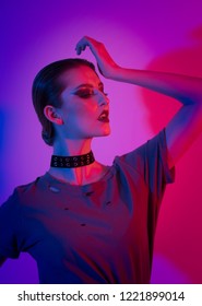 Studio Lighting Technique, Coloured Gel Lighting With Alternative Edgy Model. UK