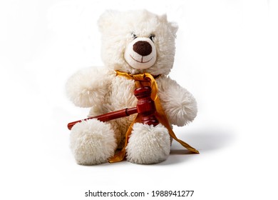 studio lighting. a teddy bear holds a judge's hammer in its paws. on a white background