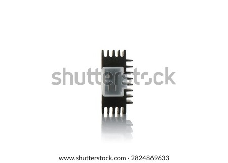 Studio macro close up of black motorcycle voltage regulator rectifier featuring cast aluminum heat sink cooling fins, translucent white plastic four pin socket connector, front angle perspective, and soft mirror reflection, isolated on pure white background for auto parts catalog mockup.
