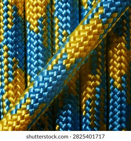 Studio macro close up of bright blue and golden yellow braided synthetic rope featuring detailed nylon fiber texture, diagonal crossing pattern, vivid color contrast, fill frame background composition for outdoor climbing gear, marine equipment, and abstract industrial design.