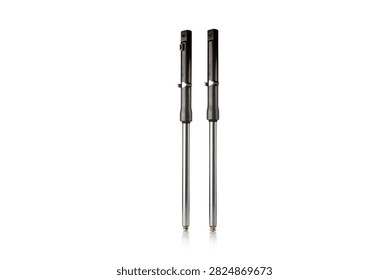 Studio macro close up of pair of front motorcycle suspension fork legs featuring polished chrome stanchion tubes, durable black painted lower sliders, vertical parallel alignment, and soft mirror reflection, isolated on pure white background for auto parts mockup.