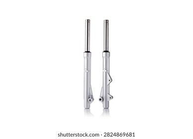 Studio macro close up of pair of front motorcycle suspension fork legs featuring polished chrome stanchion tubes, durable silver metallic painted lower sliders, mounting caliper brackets, vertical parallel alignment, and soft mirror reflection, isolated on pure white background for auto parts mockup.