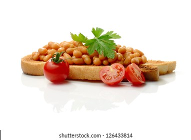 Studio Macro Of Tasty Baked Beans On Toast With Garnish Against A White Background With Soft Shadows. Copy Space.