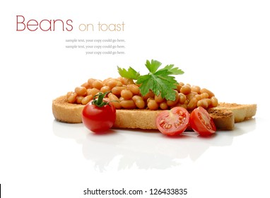 Studio Macro Of Tasty Baked Beans On Toast With Garnish Against A White Background With Soft Shadows. Copy Space.