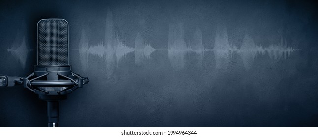 Studio microphone with audio waveform on concrete wall background. Podcast or broadcast banner with copy space.