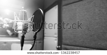 Studio microphone with shock mount and pop filter on professional tripod in acoustic foam room for best sound production on air and mix process in music industry and high quality broadcasting