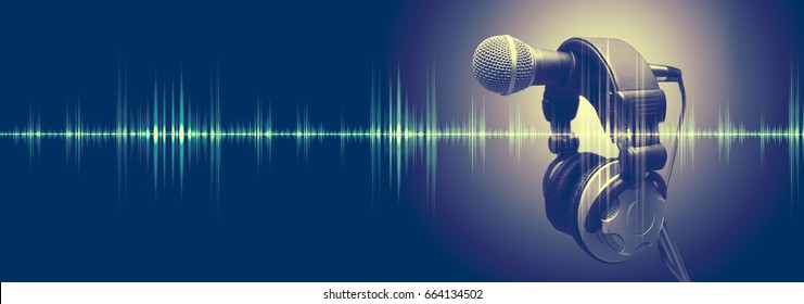 Studio Microphone And Sound Waves. Sound Engineering And Karaoke Background. Music And Radio Concept 