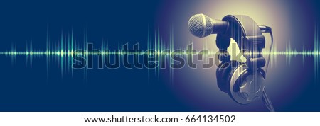 Studio microphone and sound waves. Sound engineering and karaoke background. Music and radio concept 