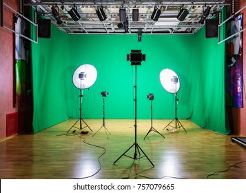 Studio For Movies. Green Screen. The Chroma Key. Lighting Equipment In The Pavilion. Show Business