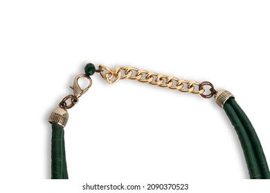 Studio photo of the clasp and chain of the back of a necklace. The background is white. 