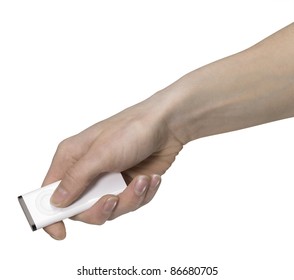 Studio Photography Of A Hand Holding A White Remote Control In White Back