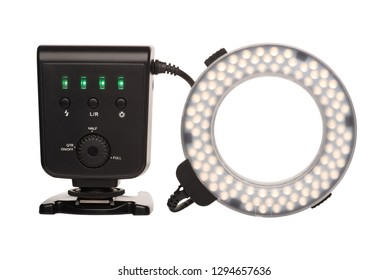 Studio Photography LED Ring Light. Used For Macro And Beauty Shots. Also Used As A Video Light For Interviewing And Broadcasting When Attached To Front Of Camera Lens. Isolated On White Background.