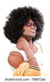 Studio Portrait Of Confident Tough Gangster Rapper With Seventies Afro Hair, Wearing Sunglasses A White Shirt And Yellow Jacket. Isolated On White Background.