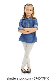 Studio Portrait Of A Cute Blonde Girl, Isolated In White Background