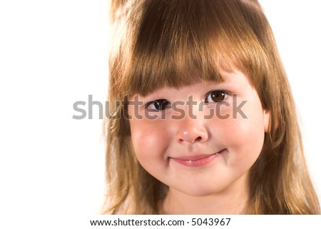 Studio portrait of a pretty smiling girl with brown eyes isolated on white