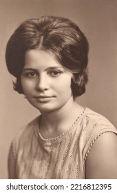 Studio portrait of a pretty young woman in Ukraine, USSR, CIRCA 1970s. Photographic prints. - Shutterstock ID 2216812395