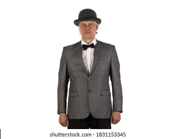 Studio Portrait Of Vintage Male Gentleman Wearing Bowler Hat