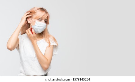 Studio Portrait Of Woman With Mask Who Scratching Itchy Throat. Place Of Irritation Highlighted In Red. Sensitive Dry Skin, Allergy Symptoms, Dermatitis, Insect Bites. Healthcare Concept. Copy Space.