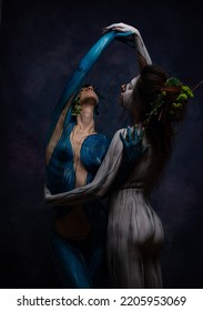 Studio portrait of woman painted on body, body paint with nature  drawing