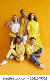 Studio Shoot Of Encouraged Models Of Diverse Races Isolated On Yellow Background, Beautiful Guys And Ladies Happy To Be In One Group, Team, Country, Friendship Concept