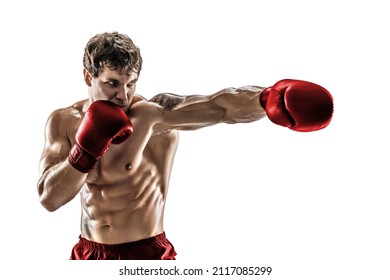 Studio shot of athlete boxer training and practicing jab. Isolated on white studio background. Concept of sport, healthy lifestyle. Red sportswear.  - Powered by Shutterstock