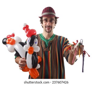 Studio Shot Of Balloon Twister With Penguins And Balloons Isolated On White.