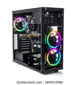 Studio Shot Of Black Gaming Desktop Pc With Rgb Lights And Visible Components. Isolated On White Background.