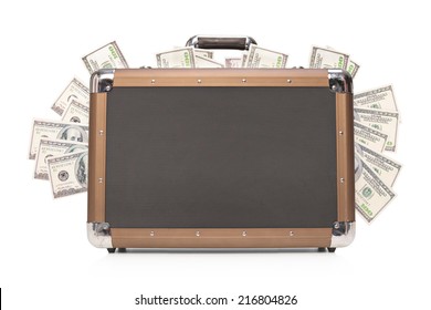 Studio Shot Of A Briefcase Full Of Cash Isolated On White Background