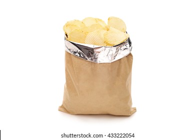 Studio shot of a brown bag full of potato chips isolated on white background