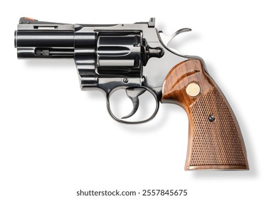 Studio shot of a Colt Python 3 revolver pistol handgun on white background with strike shadow