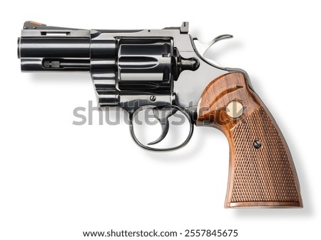 Studio shot of a Colt Python 3 revolver pistol handgun on white background with strike shadow