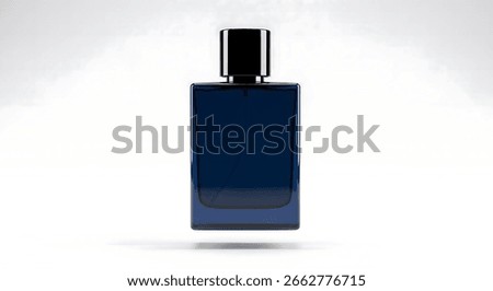 Studio shot of a dark blue rectangular perfume bottle with a black cap, isolated on a white background.